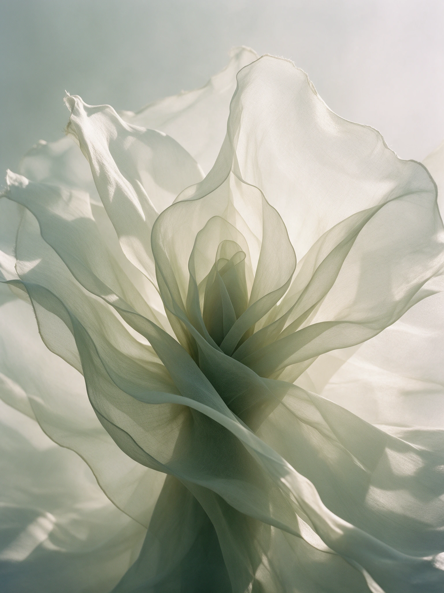 Layers of semi-transparent material unfolding outward, suggesting gradual understanding and personal growth